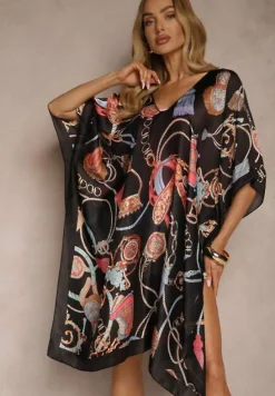 Czarne Wzorzyste Ponczo z Wiskozy i Jedwabiu Pillifia