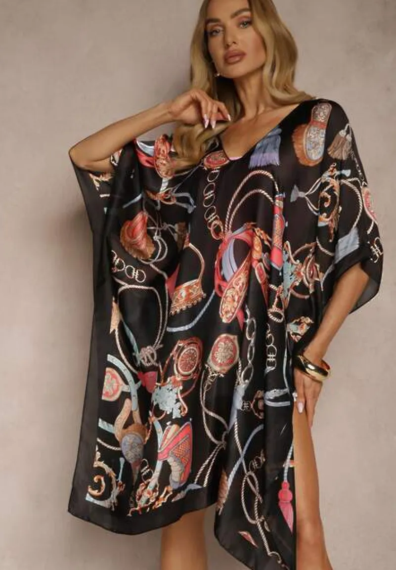 Czarne Wzorzyste Ponczo z Wiskozy i Jedwabiu Pillifia