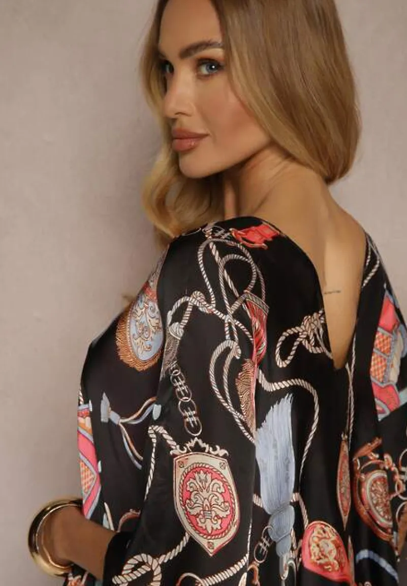 Czarne Wzorzyste Ponczo z Wiskozy i Jedwabiu Pillifia