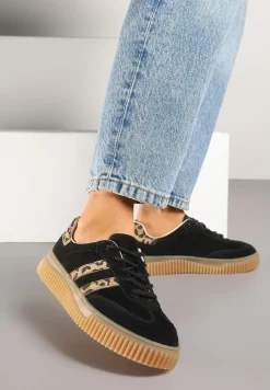 Czarne Zamszowe Sneakersy w Stylu Kultowych Tenisówek ze Skórzaną Wkładką i Wzorem w Panterkę Tenannia