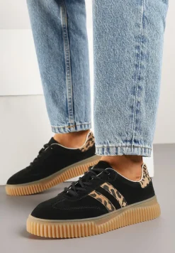 Czarne Zamszowe Sneakersy w Stylu Kultowych Tenisówek ze Skórzaną Wkładką i Wzorem w Panterkę Tenannia