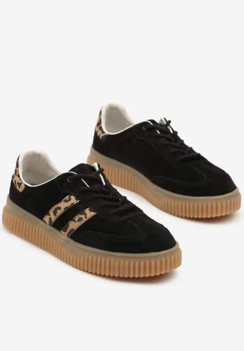 Czarne Zamszowe Sneakersy w Stylu Kultowych Tenisówek ze Skórzaną Wkładką i Wzorem w Panterkę Tenannia