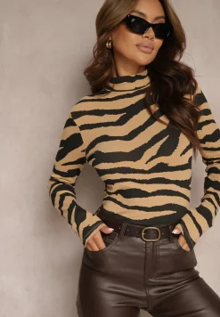 Czarno-Beżowa Bluzka z Bawełny w Animal Print Zebra z Półgolfem Irithanae