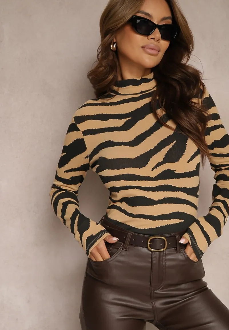 Czarno-Beżowa Bluzka z Bawełny w Animal Print Zebra z Półgolfem Irithanae