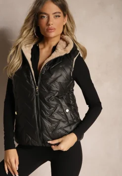 Czarno-Beżowa Kamizelka Pikowana Wykończona Sztucznym Futerkiem Timaveah