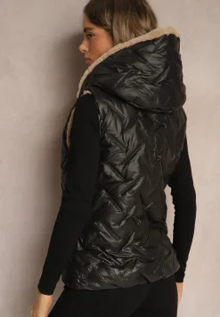 Czarno-Beżowa Kamizelka Pikowana Wykończona Sztucznym Futerkiem Timaveah