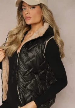 Czarno-Beżowa Kamizelka Pikowana Wykończona Sztucznym Futerkiem Timaveah