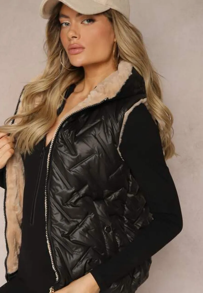 Czarno-Beżowa Kamizelka Pikowana Wykończona Sztucznym Futerkiem Timaveah