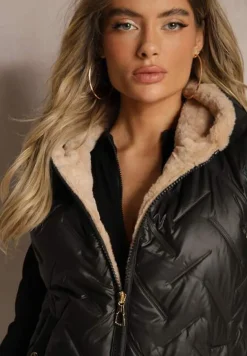 Czarno-Beżowa Kamizelka Pikowana Wykończona Sztucznym Futerkiem Timaveah