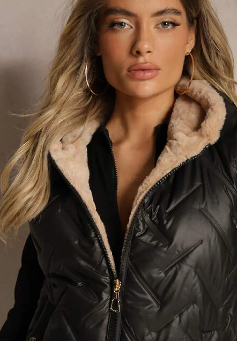 Czarno-Beżowa Kamizelka Pikowana Wykończona Sztucznym Futerkiem Timaveah