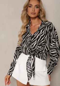 Czarno-Beżowa Koszula z Wiązaniem i Długim Rękawem w Zwierzęcy Wzór Vikimia