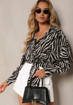 Czarno-Beżowa Koszula z Wiązaniem i Długim Rękawem w Zwierzęcy Wzór Vikimia