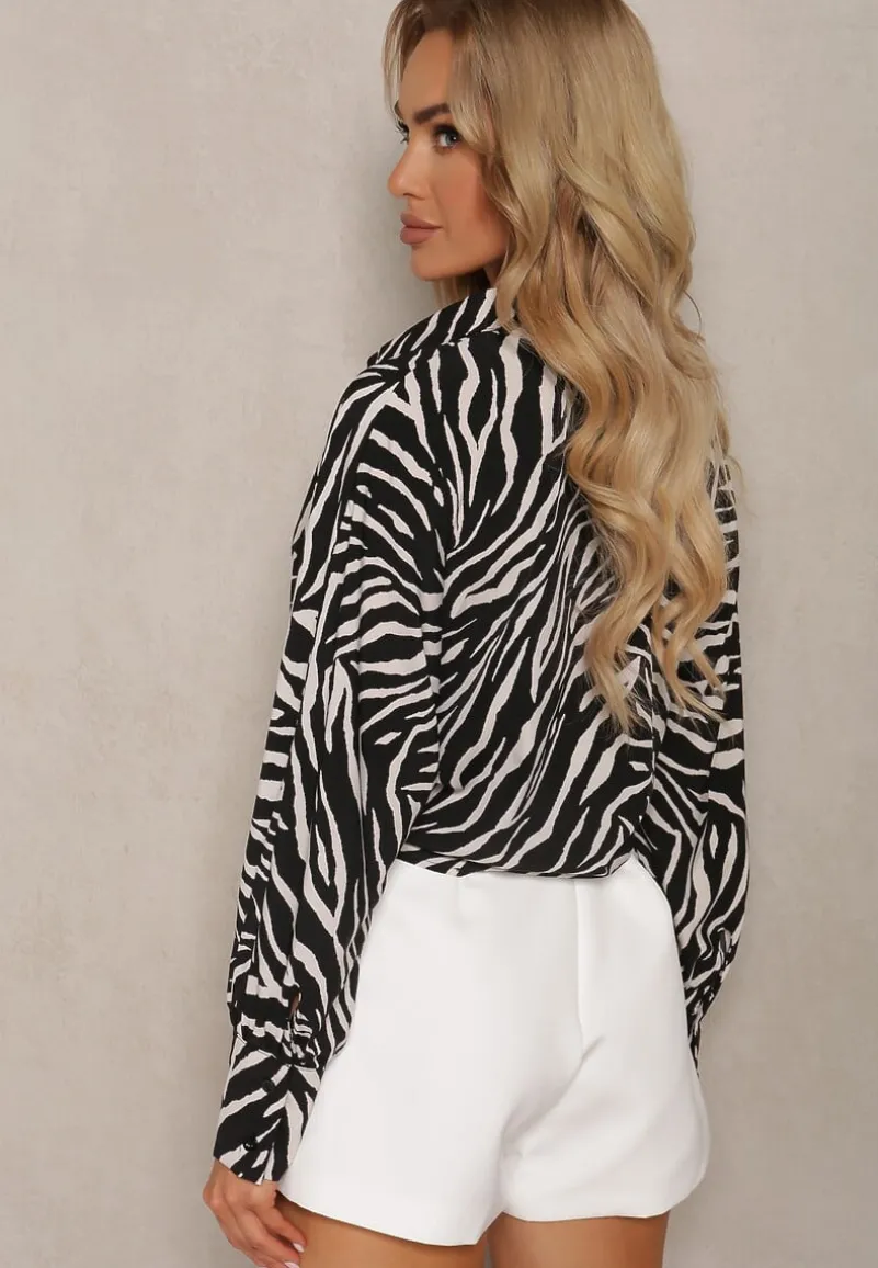 Czarno-Beżowa Koszula z Wiązaniem i Długim Rękawem w Zwierzęcy Wzór Vikimia