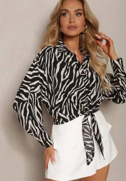 Czarno-Beżowa Koszula z Wiązaniem i Długim Rękawem w Zwierzęcy Wzór Vikimia