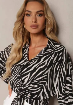 Czarno-Beżowa Koszula z Wiązaniem i Długim Rękawem w Zwierzęcy Wzór Vikimia