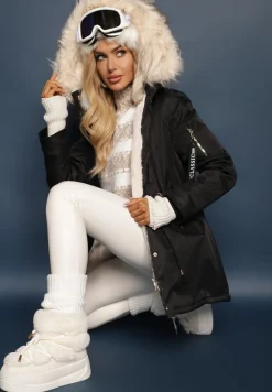 Czarno-Beżowa Kurtka Parka z Kapturem i Futrzanym Obszyciem z Możliwością Odpięcia Inaveira