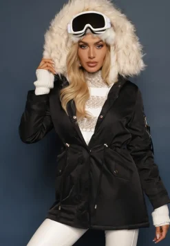 Czarno-Beżowa Kurtka Parka z Kapturem i Futrzanym Obszyciem z Możliwością Odpięcia Inaveira