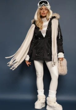 Czarno-Beżowa Kurtka Parka z Kapturem i Futrzanym Obszyciem z Możliwością Odpięcia Inaveira