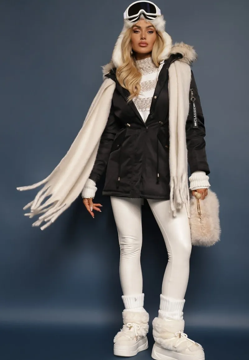 Czarno-Beżowa Kurtka Parka z Kapturem i Futrzanym Obszyciem z Możliwością Odpięcia Inaveira