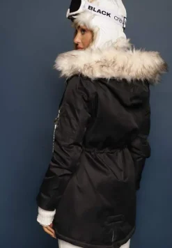 Czarno-Beżowa Kurtka Parka z Kapturem i Futrzanym Obszyciem z Możliwością Odpięcia Inaveira