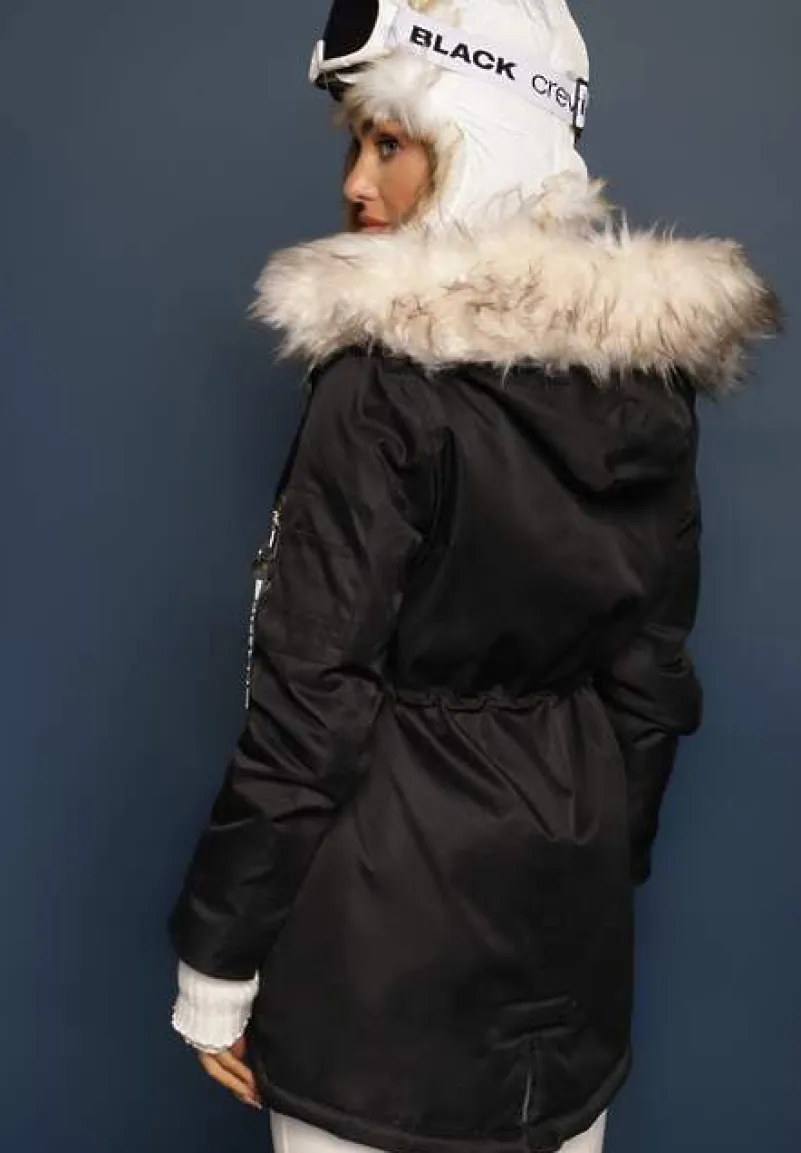 Czarno-Beżowa Kurtka Parka z Kapturem i Futrzanym Obszyciem z Możliwością Odpięcia Inaveira