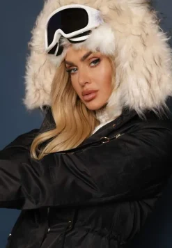 Czarno-Beżowa Kurtka Parka z Kapturem i Futrzanym Obszyciem z Możliwością Odpięcia Inaveira