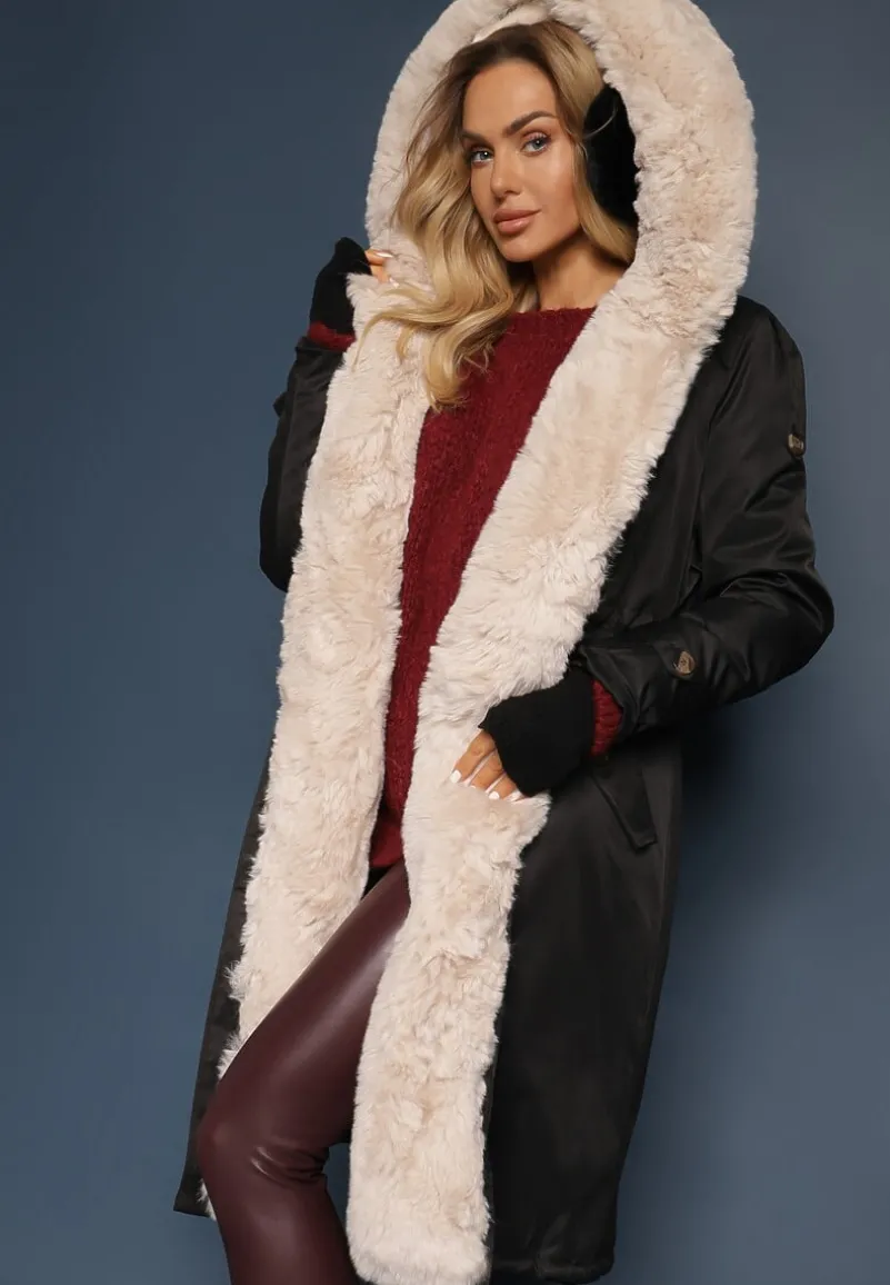 Czarno-Beżowa Kurtka Parka Ocieplana z Kapturem z Odpinanym Futerkiem Ściągana w Pasie Melintina