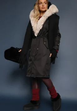 Czarno-Beżowa Kurtka Parka Ocieplana z Kapturem z Odpinanym Futerkiem Ściągana w Pasie Melintina