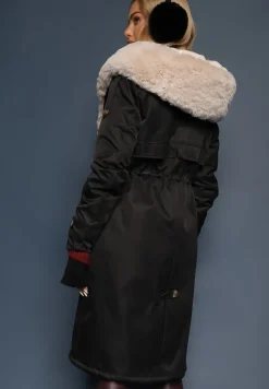Czarno-Beżowa Kurtka Parka Ocieplana z Kapturem z Odpinanym Futerkiem Ściągana w Pasie Melintina