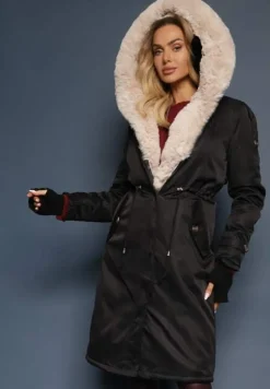 Czarno-Beżowa Kurtka Parka Ocieplana z Kapturem z Odpinanym Futerkiem Ściągana w Pasie Melintina