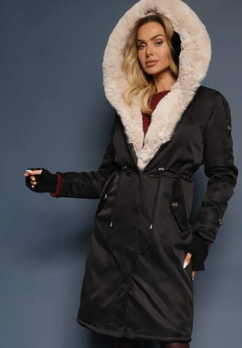 Czarno-Beżowa Kurtka Parka Ocieplana z Kapturem z Odpinanym Futerkiem Ściągana w Pasie Melintina