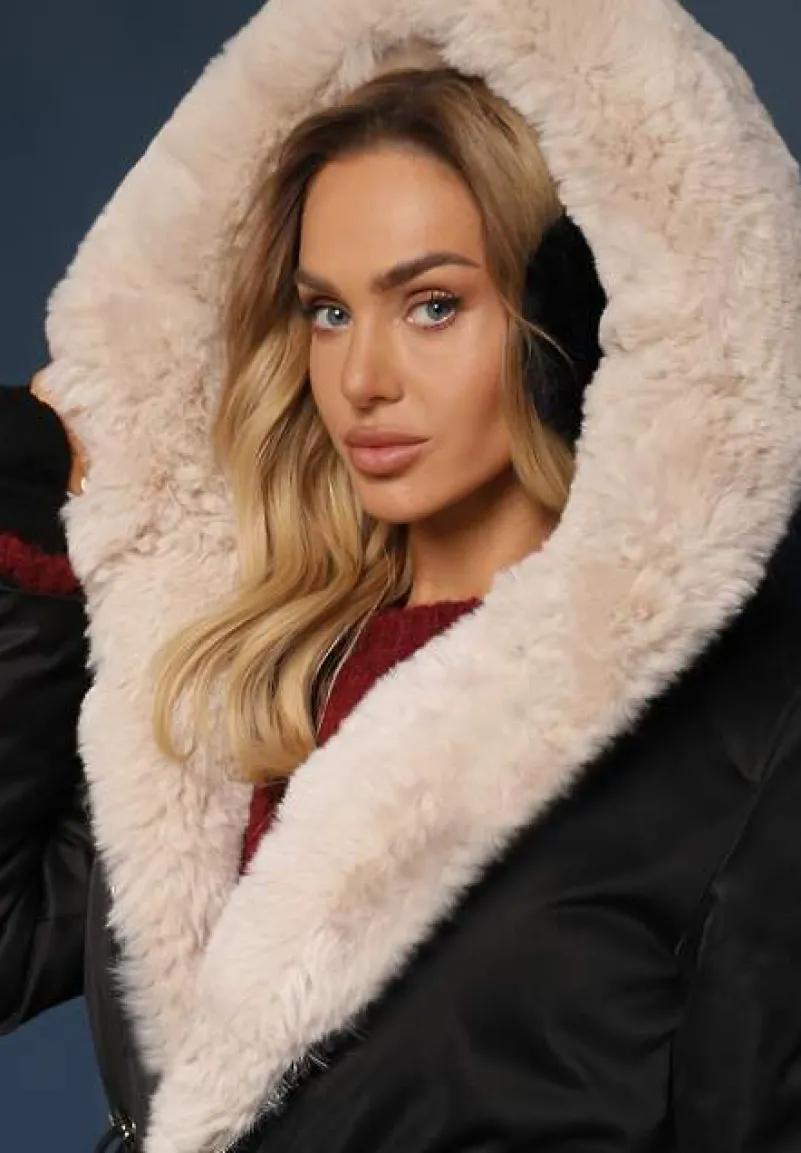 Czarno-Beżowa Kurtka Parka Ocieplana z Kapturem z Odpinanym Futerkiem Ściągana w Pasie Melintina