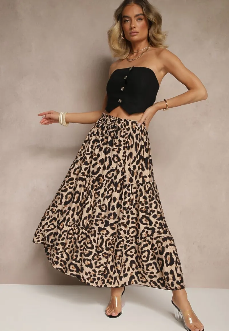 Czarno-Beżowa Panterkowa Rozkloszowana Spódnica z Wiskozy Ellivina