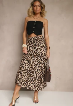 Czarno-Beżowa Panterkowa Rozkloszowana Spódnica z Wiskozy Ellivina
