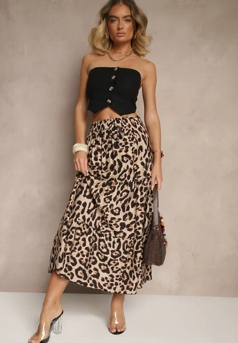 Czarno-Beżowa Panterkowa Rozkloszowana Spódnica z Wiskozy Ellivina