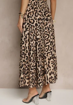 Czarno-Beżowa Panterkowa Rozkloszowana Spódnica z Wiskozy Ellivina