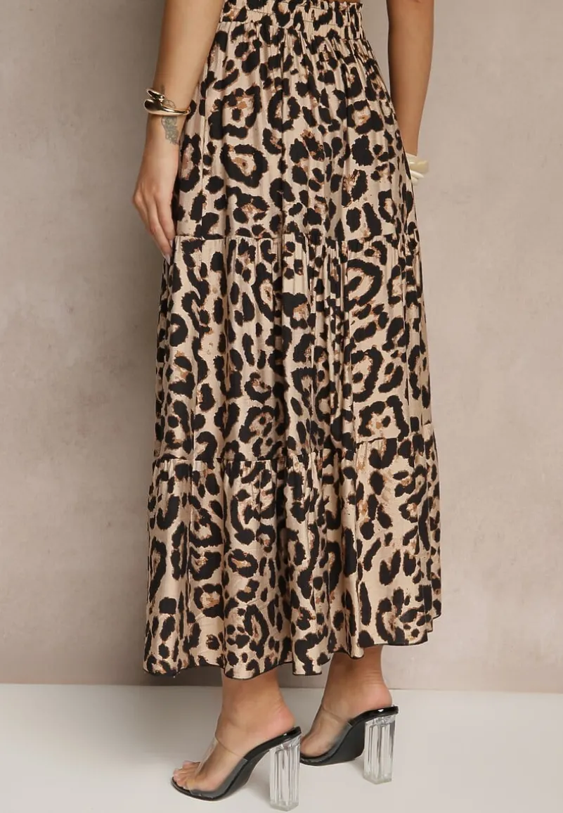 Czarno-Beżowa Panterkowa Rozkloszowana Spódnica z Wiskozy Ellivina