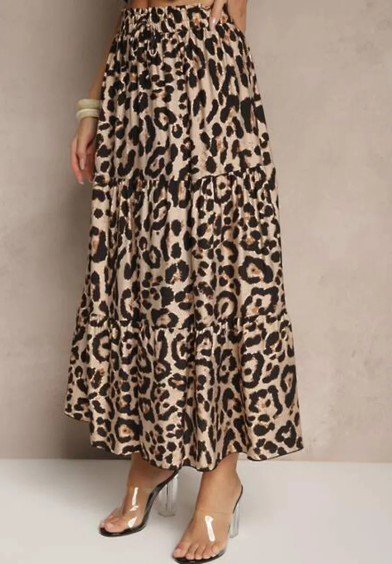 Czarno-Beżowa Panterkowa Rozkloszowana Spódnica z Wiskozy Ellivina