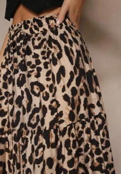 Czarno-Beżowa Panterkowa Rozkloszowana Spódnica z Wiskozy Ellivina