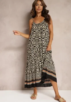 Czarno-Beżowa Rozkloszowana Sukienka z Bawełny na Cienkich Ramiączkach Nellmaira
