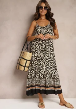 Czarno-Beżowa Rozkloszowana Sukienka z Bawełny na Cienkich Ramiączkach Nellmaira