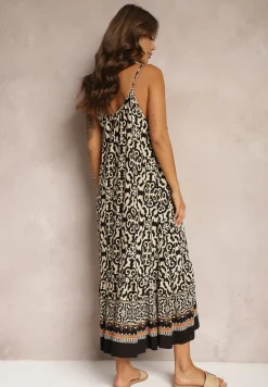 Czarno-Beżowa Rozkloszowana Sukienka z Bawełny na Cienkich Ramiączkach Nellmaira