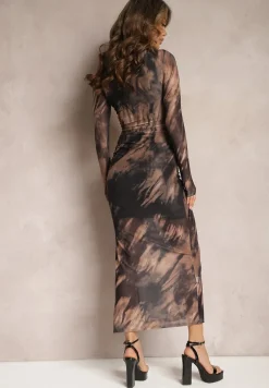 Czarno-Beżowa Siateczkowa Sukienka Dopasowana Długa z Rozcięciem na Boku Telnut