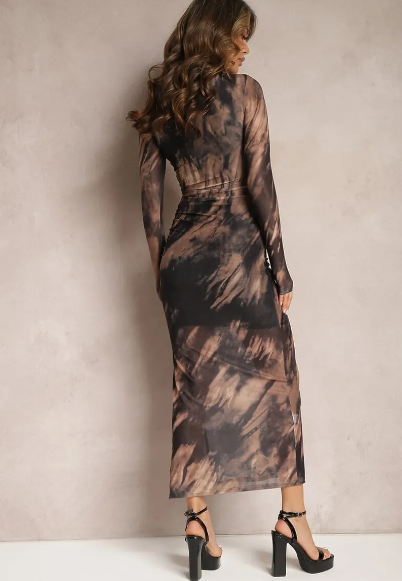 Czarno-Beżowa Siateczkowa Sukienka Dopasowana Długa z Rozcięciem na Boku Telnut