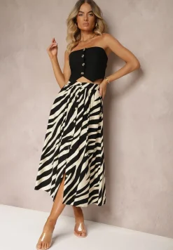 Czarno-Beżowa Spódnica High Waist o Rozkloszowanym Kroju z Gumką w Pasie i Guzikami Elretta