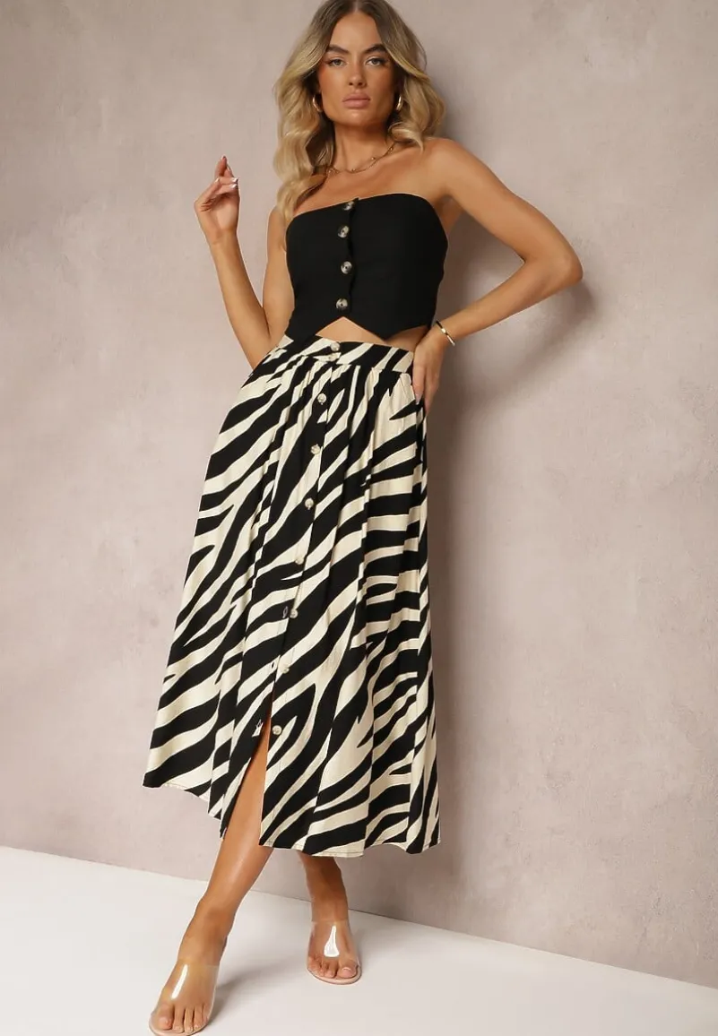 Czarno-Beżowa Spódnica High Waist o Rozkloszowanym Kroju z Gumką w Pasie i Guzikami Elretta