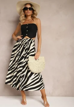 Czarno-Beżowa Spódnica High Waist o Rozkloszowanym Kroju z Gumką w Pasie i Guzikami Elretta