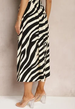 Czarno-Beżowa Spódnica High Waist o Rozkloszowanym Kroju z Gumką w Pasie i Guzikami Elretta