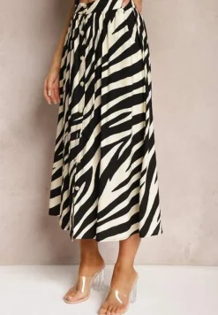 Czarno-Beżowa Spódnica High Waist o Rozkloszowanym Kroju z Gumką w Pasie i Guzikami Elretta