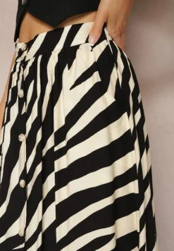 Czarno-Beżowa Spódnica High Waist o Rozkloszowanym Kroju z Gumką w Pasie i Guzikami Elretta